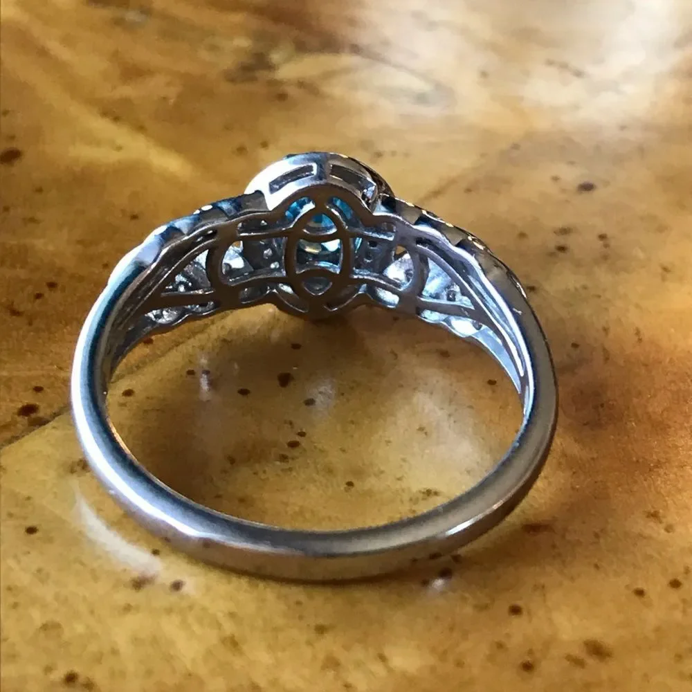 Natural Blue Zircon Moissanite Sterling Silver Ring Size 9